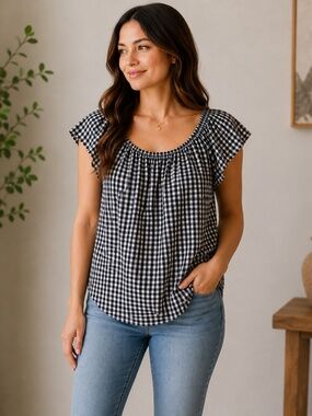 Size M LC Lauren Conrad Gingham Flutter Sleeve Blouse Black White